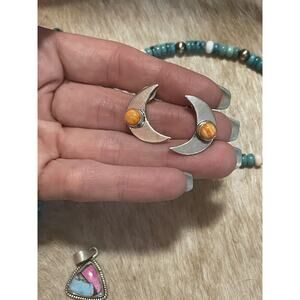 Native American Sw Sterling Orange Spiny Oyster Crescent Moon Post Stud Earrings